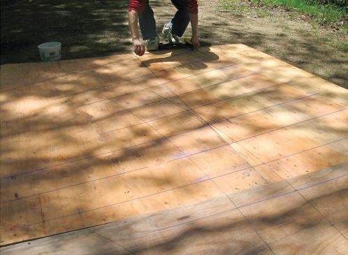 Chalk lines snapped from the stake through the tread marks on the walk line define the size and shape of the treads. The author verifies that the minimum tread width is at least 6 inches.