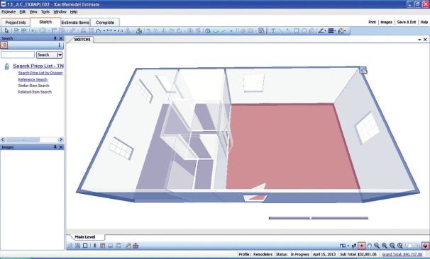 XactRemodel can convert a floor plan to a 3-D model that can be resized and rotated or used to conduct a “virtual walk-through” of the project. Though it’s not intended to be a rendering tool, color and texture can be added to help homeowners visualize the finished product.