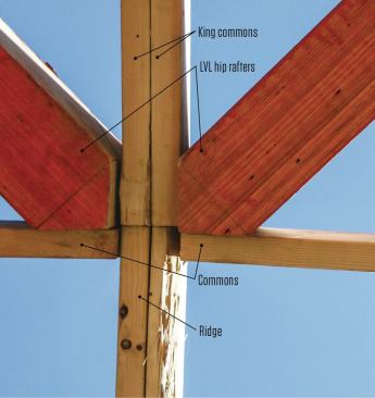 There are a couple of ways to lay out a hip roof at the ridge: with single cheek cuts or double cheek cuts. I prefer to run king commons off the end of the ridge and cut double cheek cuts on the hips.