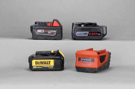 Each impact driver was tested with the brand’s highest-capacity battery. For five of the tools, this meant using 3.0-Ah packs like the DeWalt battery shown here. Hilti’s top battery is rated at 3.3 Ah, Milwaukee’s at 4.0 Ah, and Panasonic’s at 4.2 Ah.