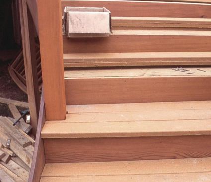 He uses fascia material for the finished skirtboards and decking for the treads.