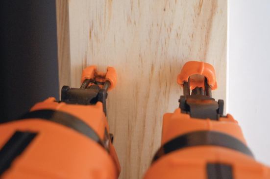 It’s easier to place nails with the new Paslode, thanks to the open style of the tip (left). The tip on the previous model (right) made it harder to see where nails would go in.