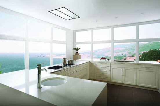Ceiling range hood. Manufacturers have made great strides in vent technology. Broan-Nutone’s Best Sorpresa Cirrus can be mounted in 9-foot ceilings without sacrificing airflow, because air is drawn in through the edges as well as the center.