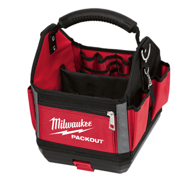 The PACKOUT 10" Tote has an impact resistant molded base that fully integrates with all Packout components. It's made with 1680D ballistic material, metal hardware, and features 28 total pockets.  Size: 11"L x 10"W x 13"H. Weight: 4.51 lbs. Item number 48-22-8310 ($79.99)
