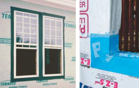 Sealing window flanges to the housewrap (left) is a common practice, but it does not protect against the predictable leakage within the window assembly itself. Only a pan flashing that dumps on top of the drainage plane will effectively keep water out of the wall. Peel-and-stick membrane applied over the top of the building paper and wrapping the sides and bottom of the rough opening (right) accomplishes the task.